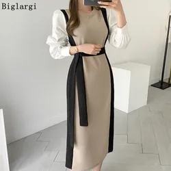 Autumn Knitted Dress Women French Temperament Round Neck Ladies Sweaters Dresses Long Sleeve Lace-up Waist Slim Vestidos 2024