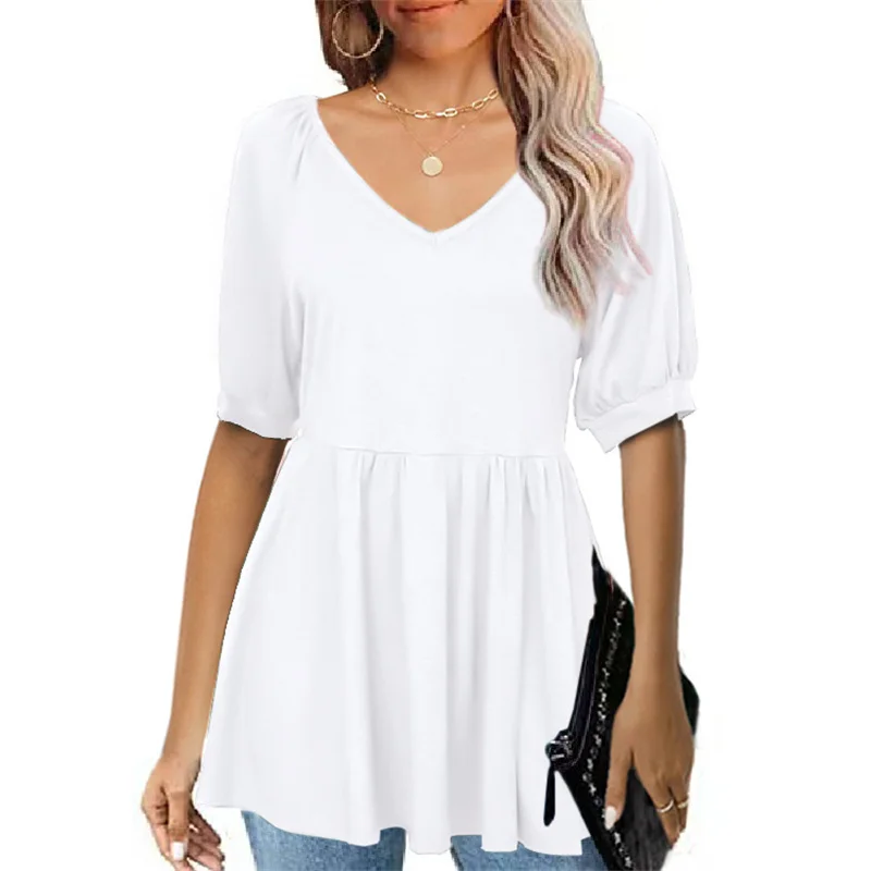Bubble Short Sleeve Splicing Pleated Hem T-Shirt Fashion Women's V Neck Shrink Waist Tops Female Summer Solid Color Casual Tees