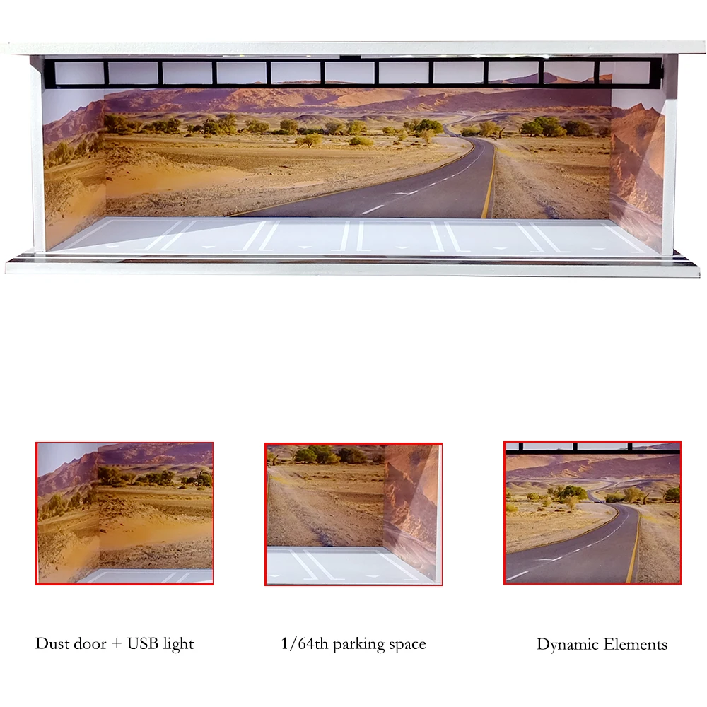 Auto-Garage-Diorama im Maßstab 1:64, mit USB-LED-Licht, realistische Parkplatz-Vitrine für Modellautos und Miniaturfahrzeuge – Detail 16