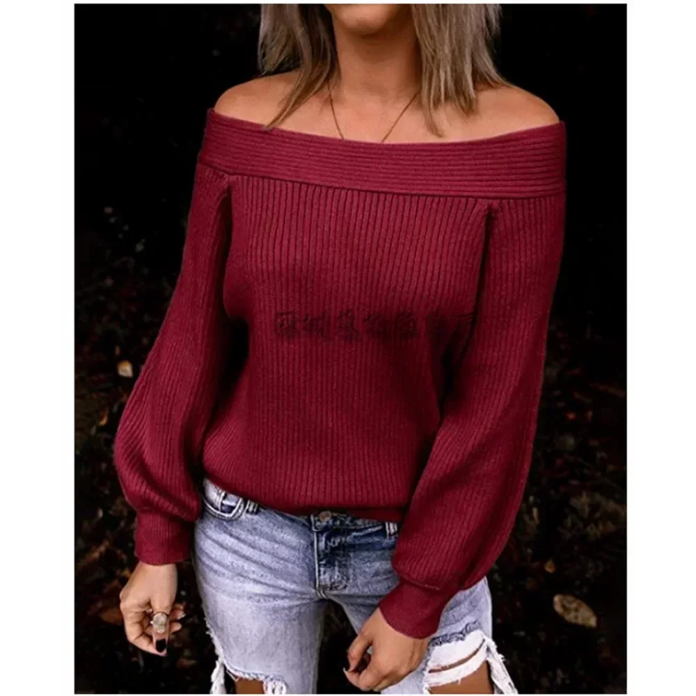 Off-shoulder large size elegant loose knit shirt autumn and winter one-line collar solid color pullover sweater women