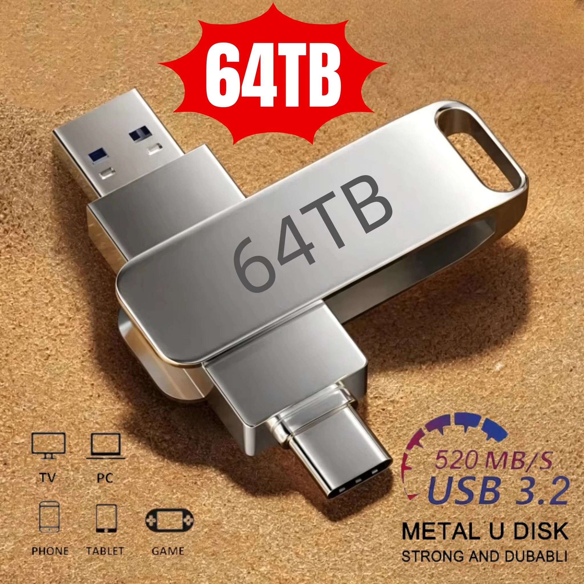USB 3.2 Flash Drive 64TB High Speed 2TB USB Transfer Type-C 2-In-1 16TB OTG Pendrive Waterproof Mental U Disk For Computer Phone