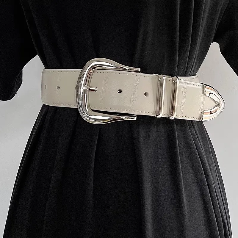 本革ベルト女性のデザイナーシルバーバックルコルセット女性カマーバンドコートウエストバンドドレスデコレーションワイドベルト-j407