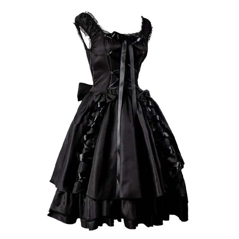 Coalfell Halloween Vintage Dark Black Gothic Lace Strappy Lolita Dress Women Poncho Maid Dress Sisters Party