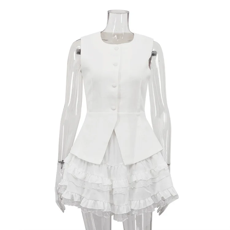 

Women's Svel Vest Top And High Waist Puffy Skirt Two-Piece Set Summer Faion Sexy Sle round Ne Button Closure