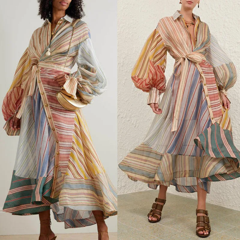 2026 vacances prêt à porter REBELLION soie lin motif à rayures Midi Dr couleur Blo Long Street Sle Fce v-ne Maxi Dr