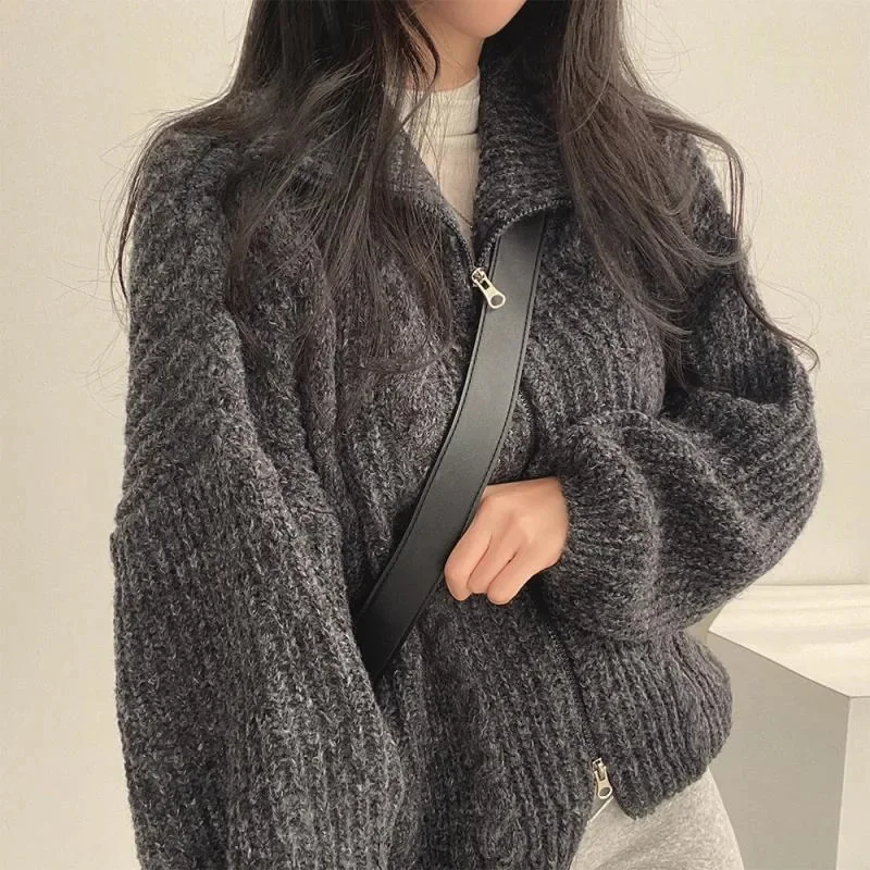 Knitted Sweater Korea Chic Spring Autumn Lazy Wind Loose Double Head Zipper Wool Neck Sweater Long Sleeve Cardigan Knitted Coat