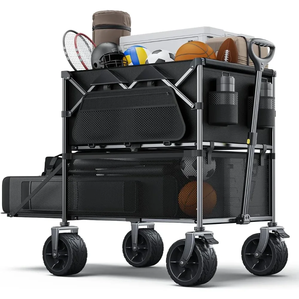 Foldable Wagon Cart 480Lbs Double Decker Wagon,Beach Carts with Big Wheels&Side Pocket&Dustbag,Large Capacity Folding