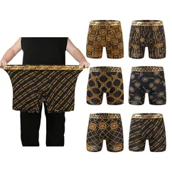 6pcs large size men's luxurious black and gold printed flat angle long underwear-super soft ice feeling, antibacterial breathabl