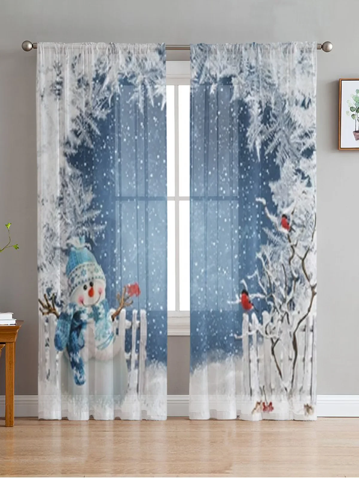 Christmas Snowman And Tree Branches Sheer Curtains For Living Room Bedroom Balcony Transparent Window Blinds Kitchen Drapes