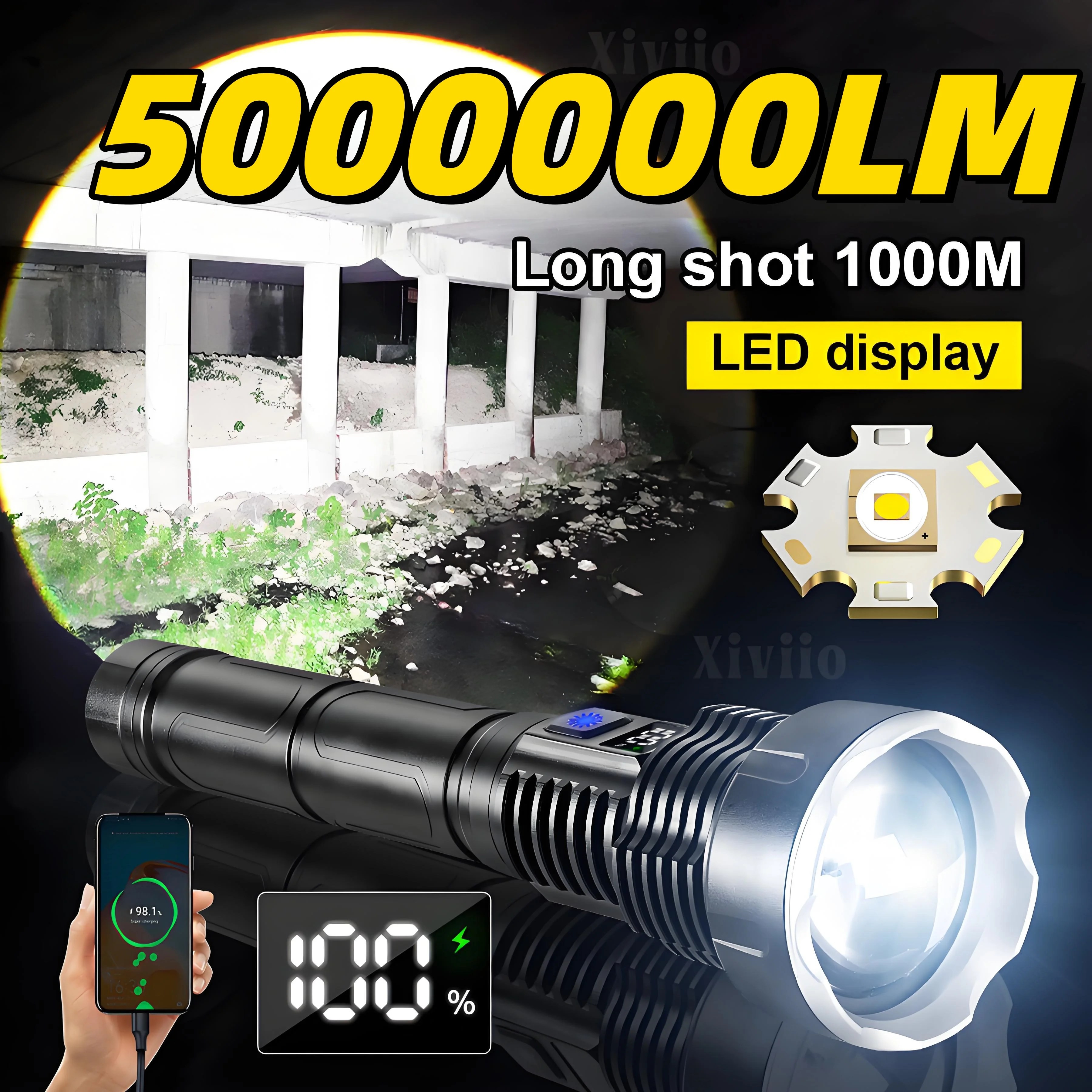 

5000000LM супер яркий светодиодный фонарик с фокусом и цифровым дисплеем TYPE-C, портативный водонепроницаемый аварийный фонарь с быстрой зарядкой