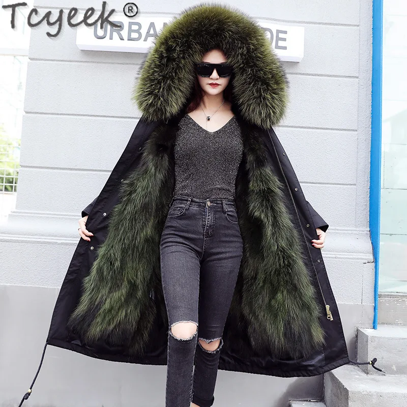 Tcyeek-Parka d'hiver chaude pour femme avec doublure en fourrure de renard, veste en fourrure véritable, vêtements pour femmes, col en fourrure de raton laveur et de chien, mode 2023