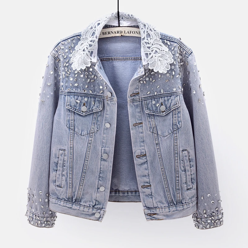 

Vintage Light Blue Short Denim Jackets Women Spring Autumn New Loose Outerwear Beading Diamond Long Sleeve Jeans Jacket Female