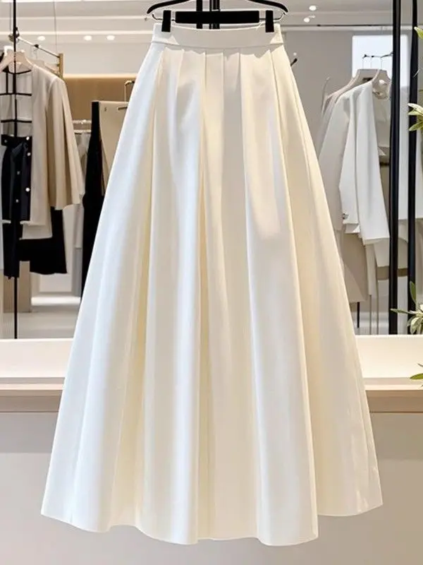 

Ele High Waist Midi White Skirt Slimming A-Line f-length Polyester Fabric Korean Sle Commute Dr Zuo 2025 Summer