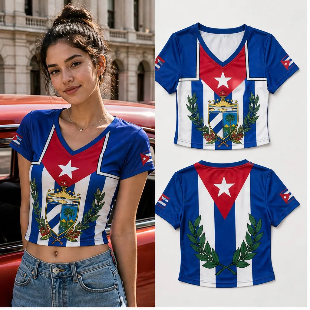 Womens Cuba V Neck Short Sleeve Crop Top Crest Star Flag Graphic Casual Summer Shirt for Street Travel Vacation Everyday Outfits