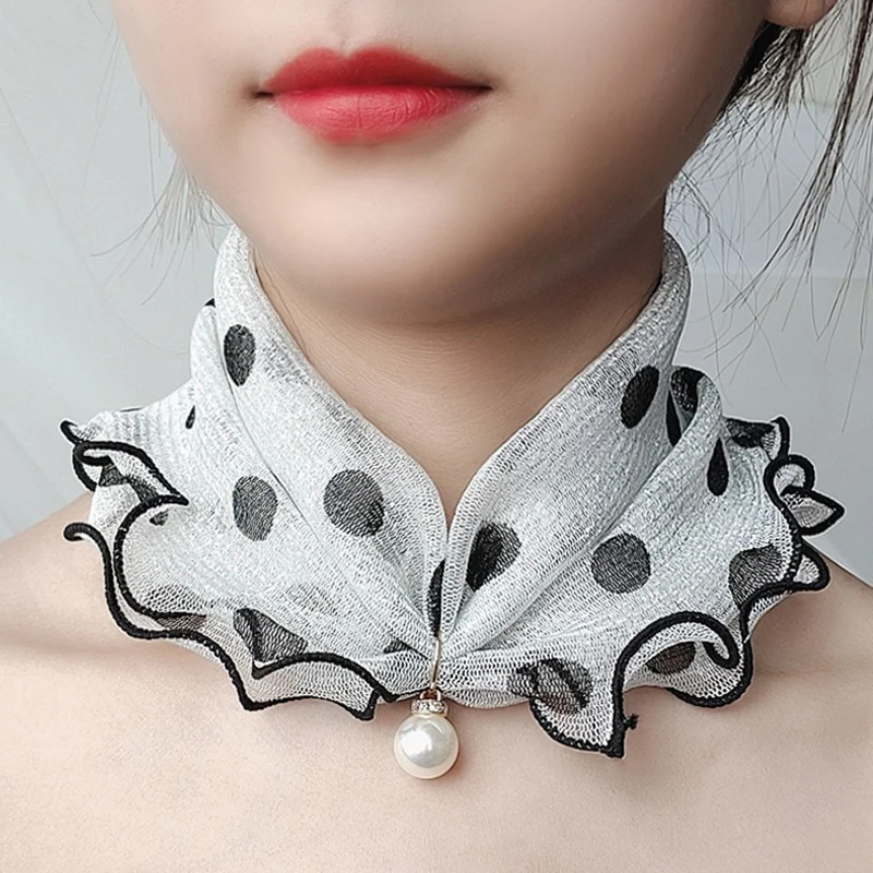 New Fake Pearl Pendant Scarf Necklace Women Printed Lace Neck Collar Chiffon Bib Laides Fashion Jewelry Accessory Gift Scarves