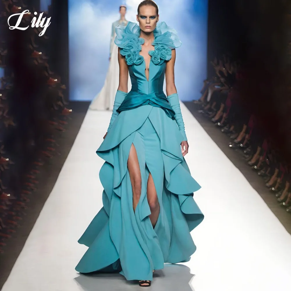 

Элегантное вечернее платье синего цвета с 3D цветами, платье для выпускного без рукавов, атласное плиссированное вечернее платье трапециевидной формы с разрезом для женщин по индивидуальному заказу