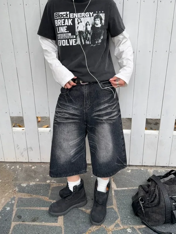 Shorts Jeans Retrô Americano Lavado Estilo Street  Masculino e Feminino Verão High Street Solto Perna Reta Larga Calça Sev...
