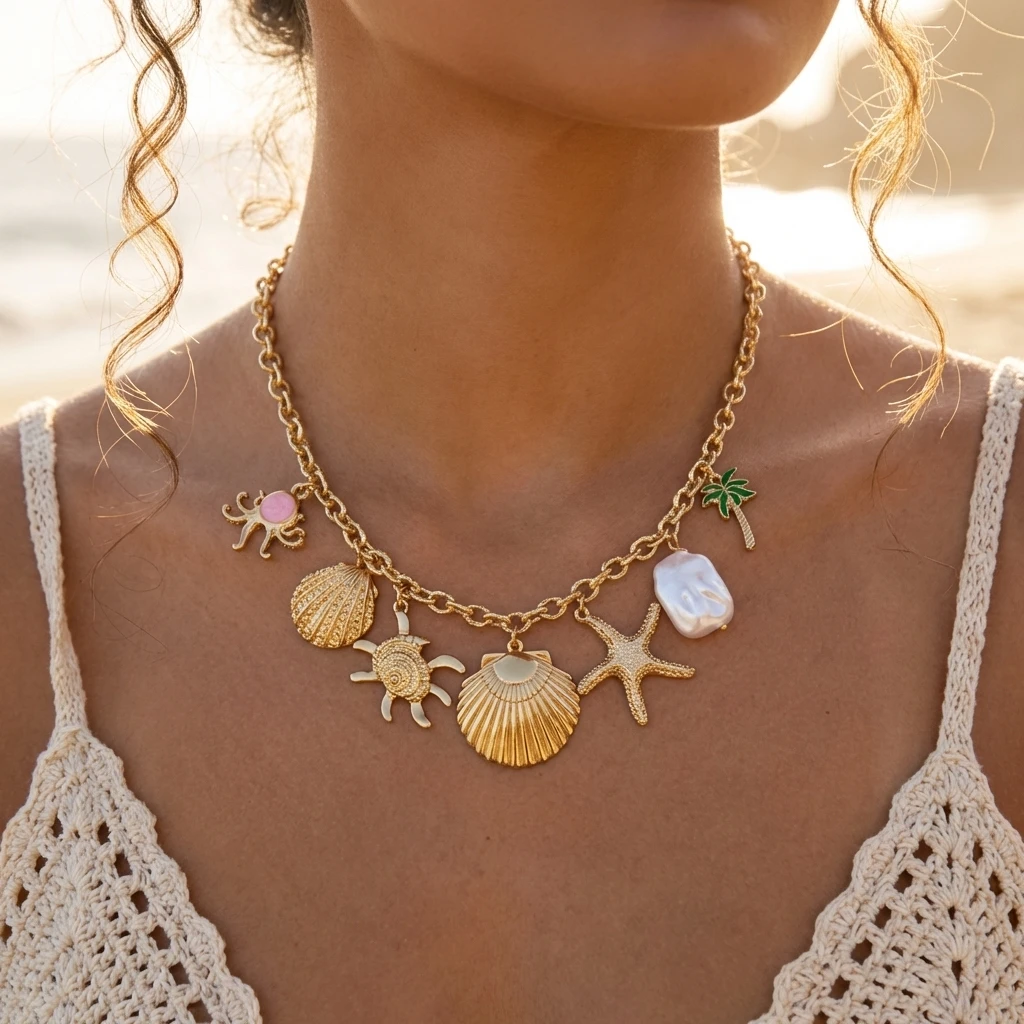 Böhmische Sonnen-Seestern-Muschel-Kettenkette für Frauen Vintage Muschel-Mehrfachanhänger Choker Sommer Strand Urlaub Schmuck