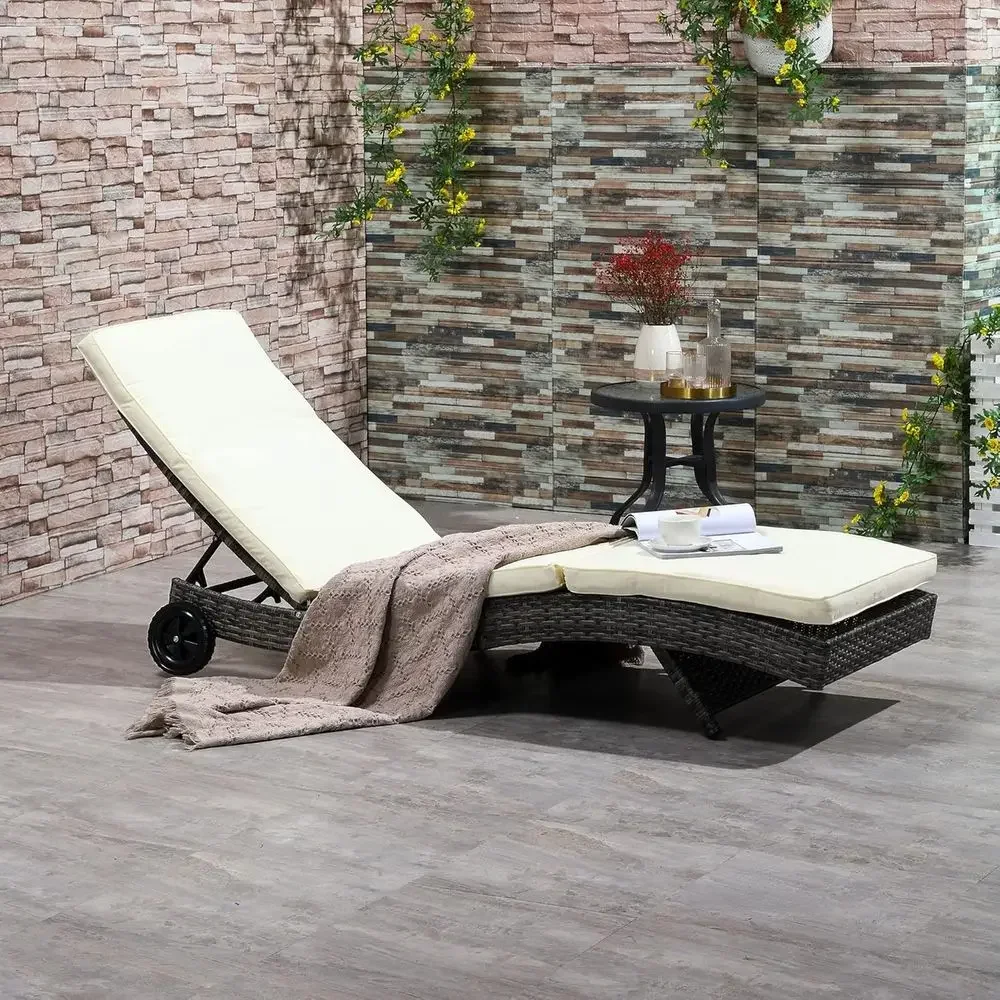 Outdoor Cushioned PE Rattan Chaise Lounge with Adjustable Backrest and Wheels, Cream White