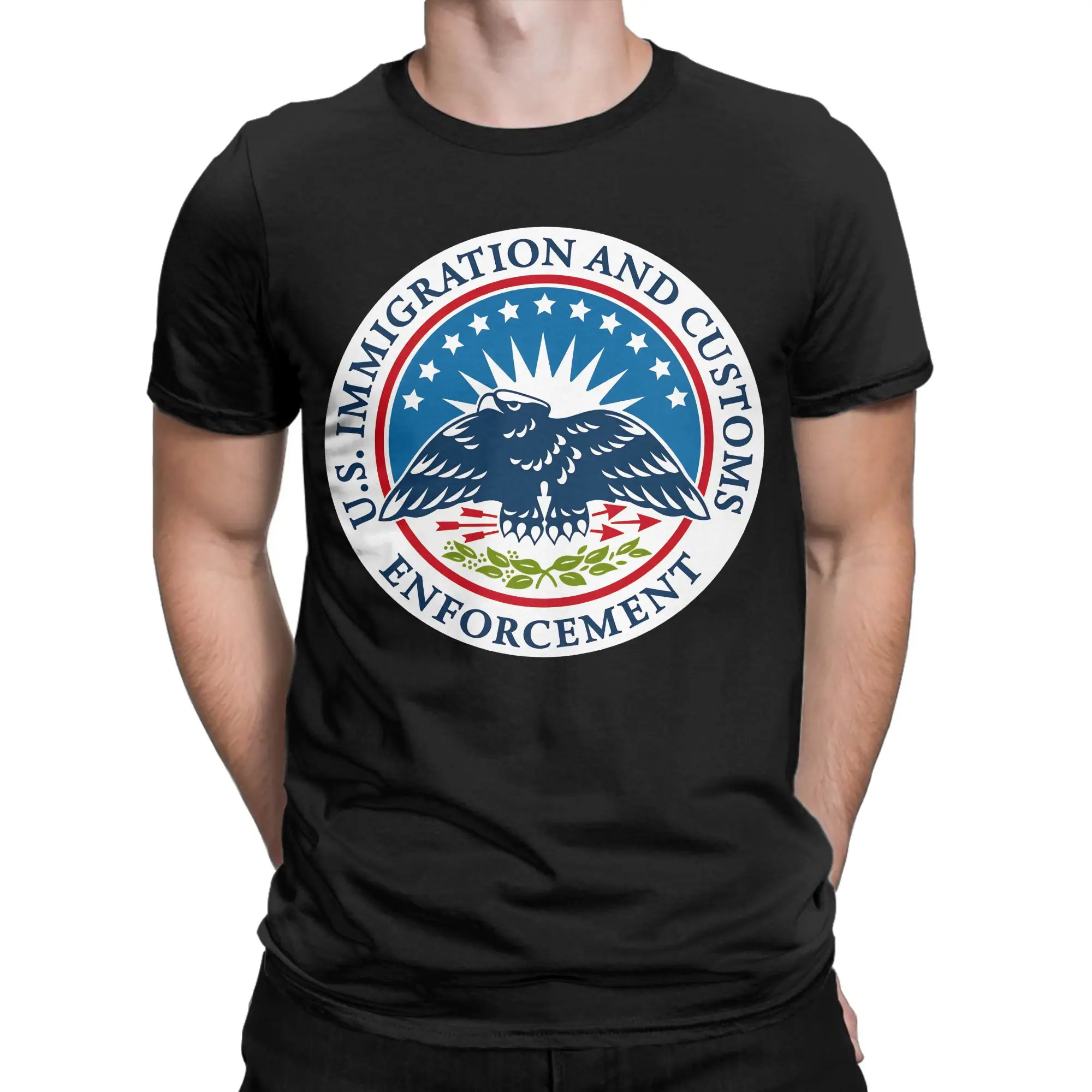 Immigration and Customs Enforcement  ICE  Men's T Shirt  Vintage Tees Short Sleeve Crewneck T-Shirt Pure Cotton Clothes