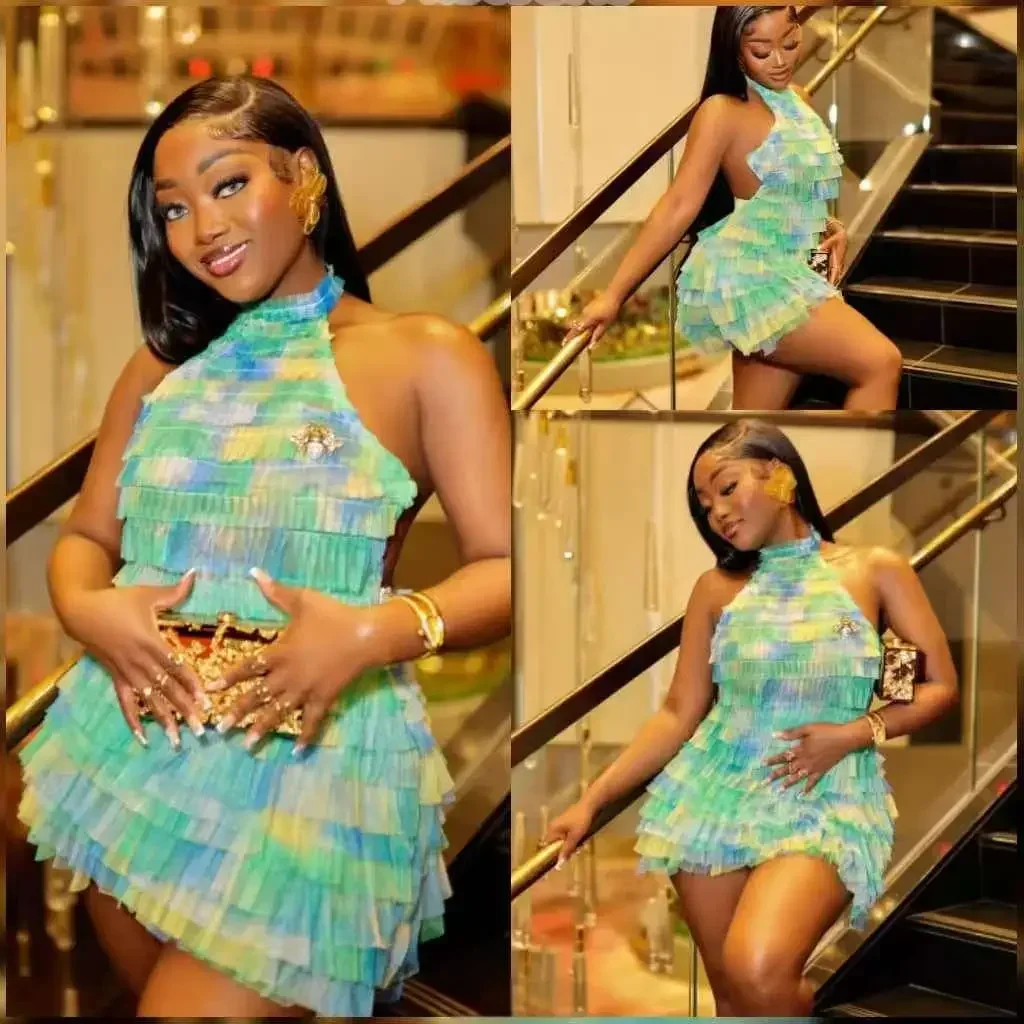 Nova malha bolo gradiente halter pescoço sexy sem costas design para mulheres quente menina festa de aniversário curva-abraçando ajuste em camadas vestidos de baile