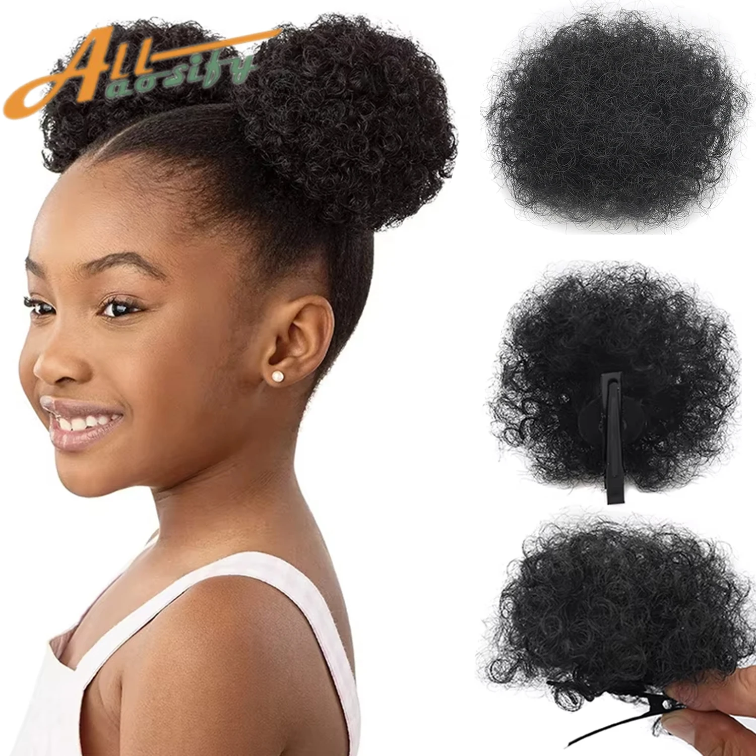 

Synthetic Afro Puff Clip On Hair Bun For Kids 2Pcs Small Kinky Curly Ponytail Extension For Little Girls Repeated Use Hairpiece