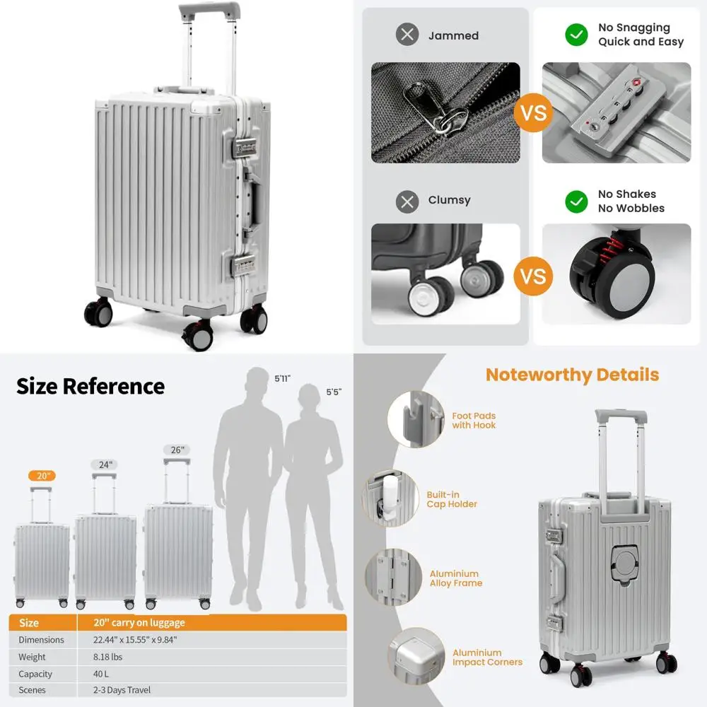 

Lightweight Hard Shell TSA Lock Carry-On Luggage 22x14x9, Airline Approved, Zipperless Suitcase for Travel