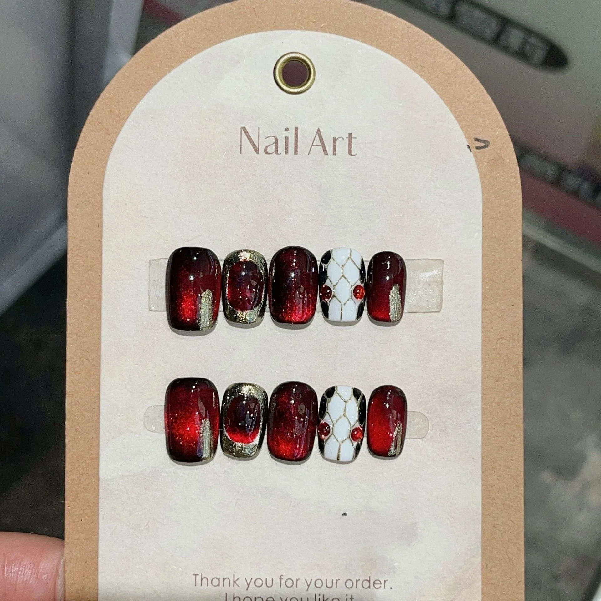 10Pcs Red Cat Eye Press on Nails Short Square Acrylic Fake Nails Rose Bowknot Design Fake Nails Rhinestone Nail Art with Glue