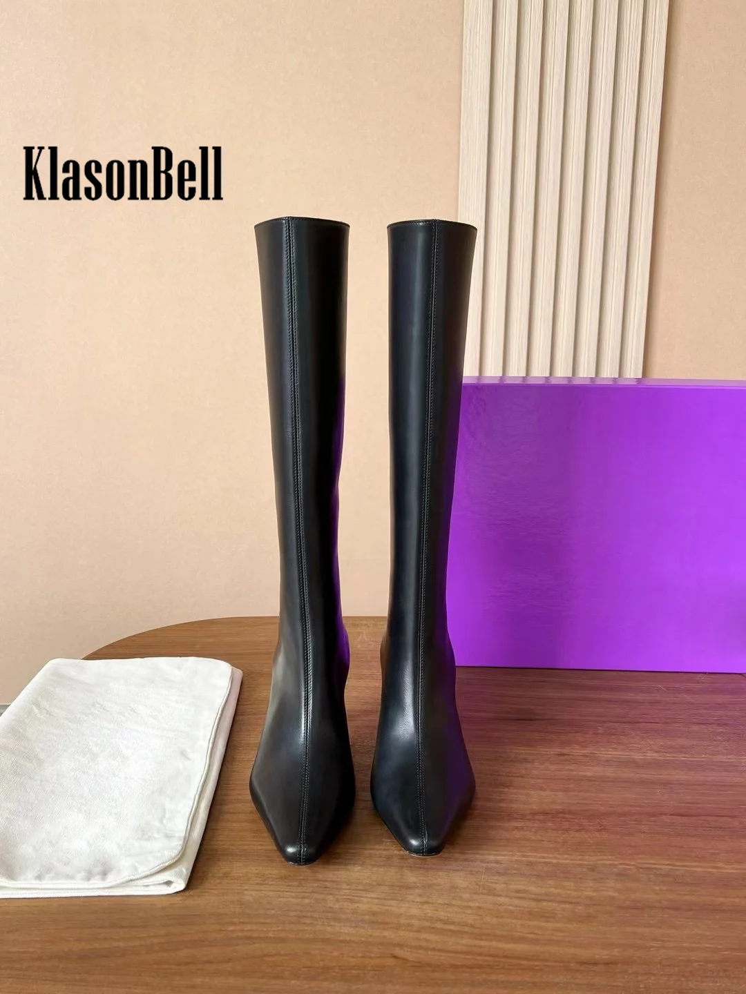 9.21 KlasonBell Genuine Leather High Band Boots For Women Thin Mid Heels Sewing Pointed Toe Modern Boots