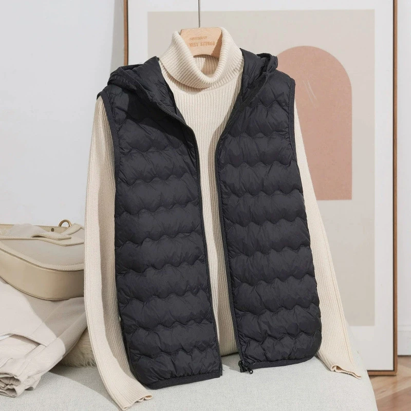 Schinteon المرأة 90% خفيفة الوزن الأبيض بطة أسفل سترة الخريف الشتاء الدافئة مع هود 2025 جديد جاكيت بلا إكمام