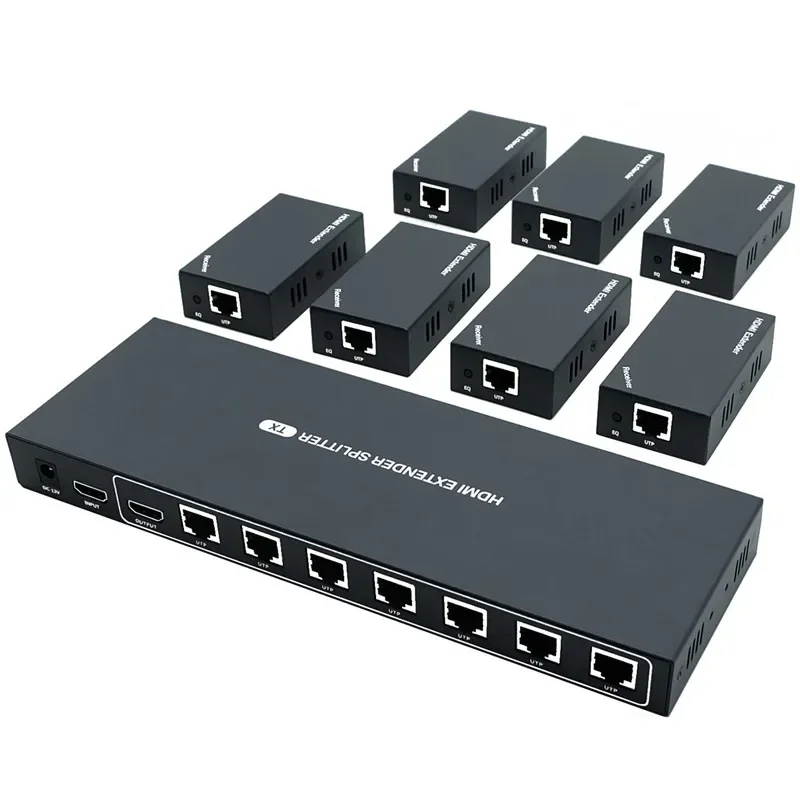 50m HDMI Distribution Extender 1X7 Port Over Cat5e/Cat6 Ethernet Cable No Delay Up 1080P@60Hz 1transmitter and 7 Receiver