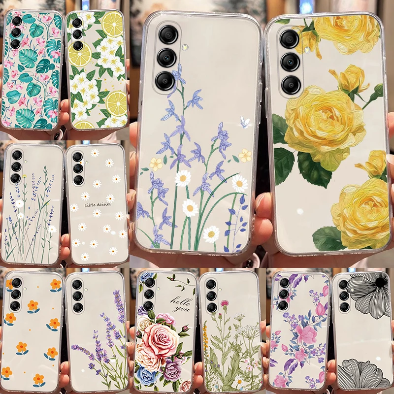 For Samsung Galaxy A13 A14 A15 A25 A34 A35 A36 A54 A55 5G A06 A04S A15 A14 A24 4G Luxury Flower Plants Silicone Clear Phone Case