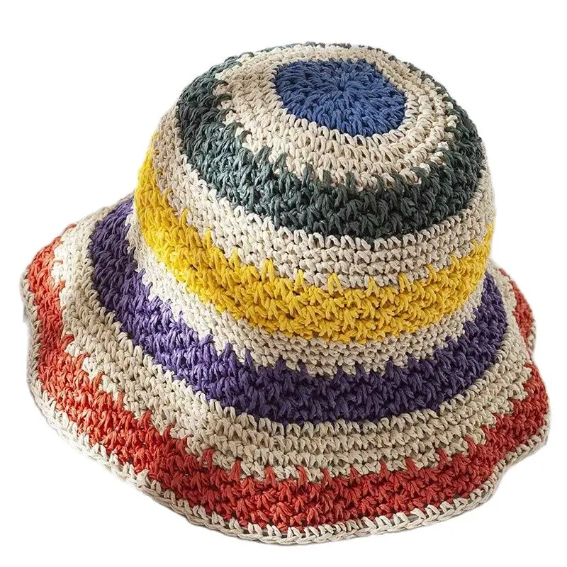 Chapeau de plage à rayures arc-en-ciel pour femme, casquette pliable au crochet, chapeau anderparent-enfant, casquette pare-soleil de plage pour