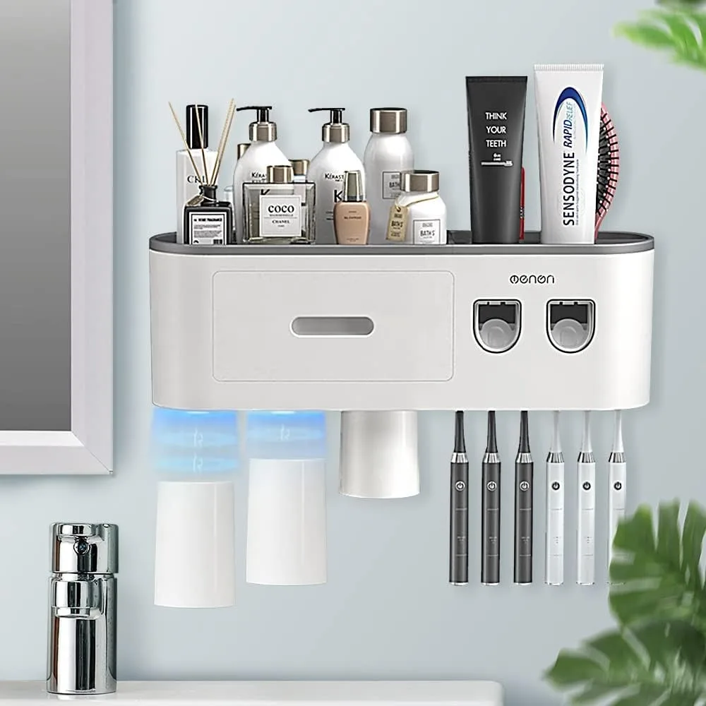 

Toothbrush Holders Wall Mounted, Toothbrush Holder with Automatic Toothpaste Dispensers, 6 Brush Slots, 3 Magnetic Cups,1