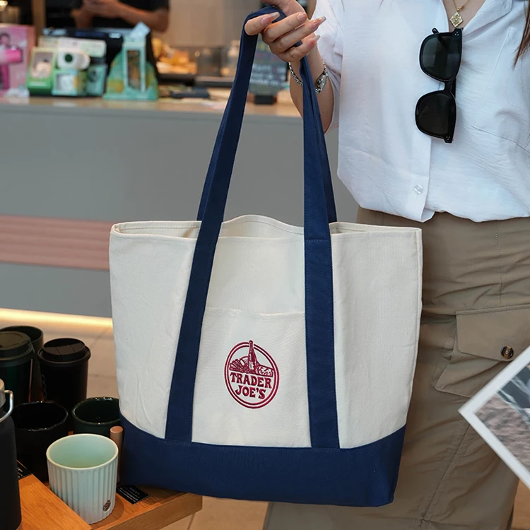 Tr Joes Casual Embroidered Canvas Tote Bag Large Capacity Color Block Shopping Bag Women's Bag Fashionable Trendy Handbag