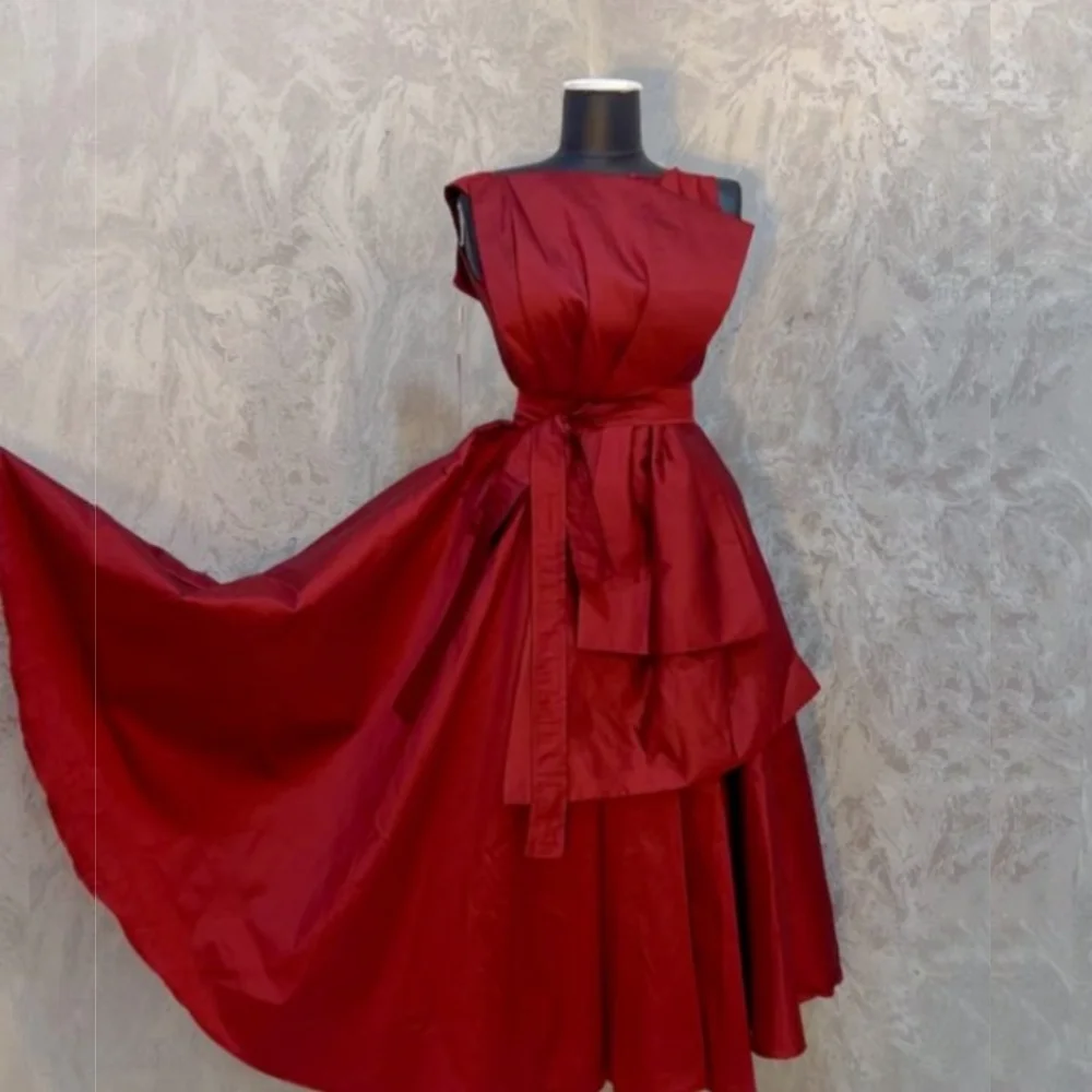 

Customized Ruched Sash Pleat O-Neck A-line Midi Dresses Bespoke Occasion Elegant Simple High Quality Party
