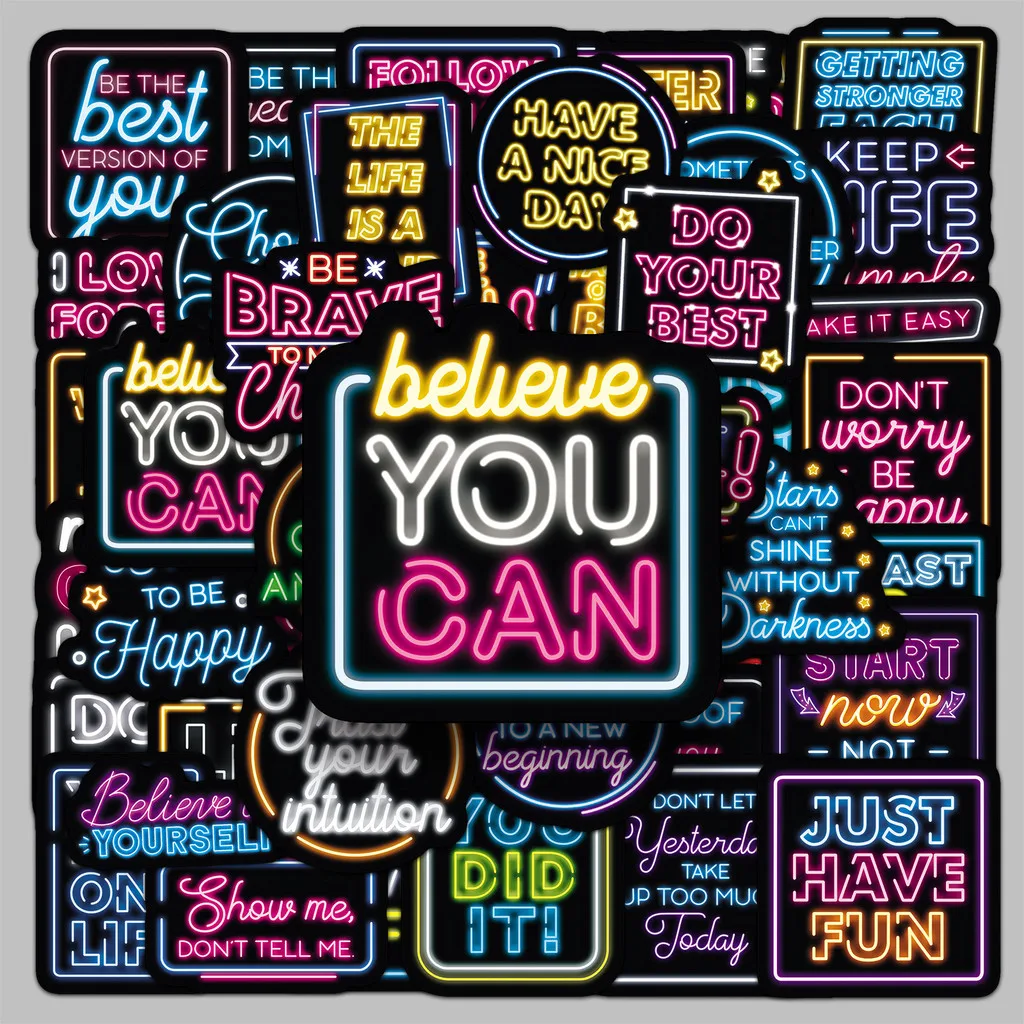 50Pcs Neon Inspirational English Stickers - Cool Motivational Quotes for Phone Case/Journal/Helmet BulingBulingStickers Store