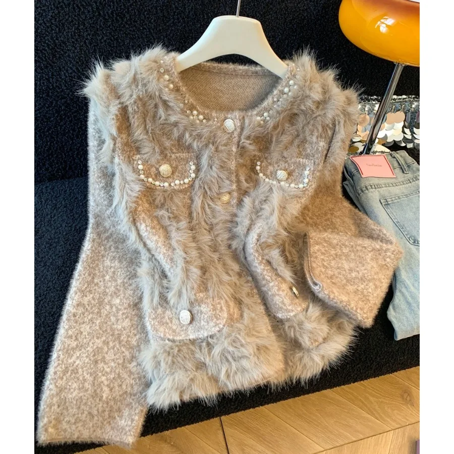 

Fashionable Knitted Open Cardigan Women's Winter New Style Self-Kept Pearl Splicing Warm Thickened Outerwear Straight Cut Lon...