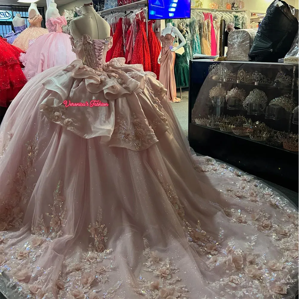 

Glitter Pink Quinceanera Dress Ball Gown 3D Floral Applique Beading Ruffles Tiered Sweet 16 Vestido De 15 Anos