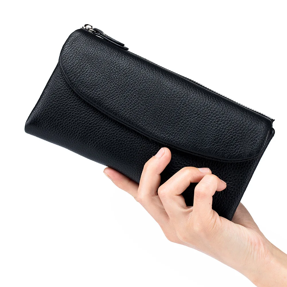 Porte-monnaie en cuir de vache véritable pour femme, portefeuille long, porte-cartes fonctionnel, multi-poches, style simple, sac à main en poudre, luxe, doux, nouveau