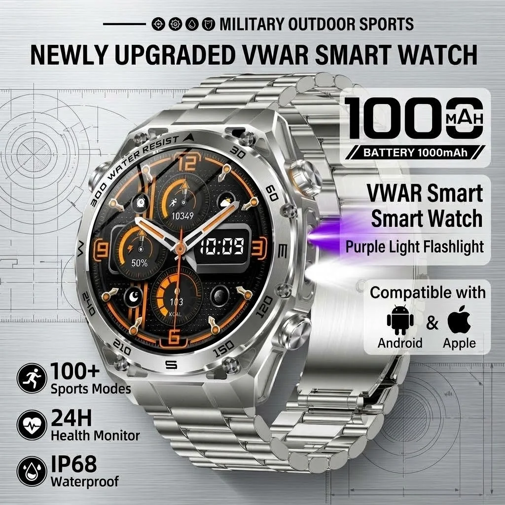 VWAR Smart Watch 1000 mAh Battery Purple Light Flashlight 24H Health Mornitor IP68 Waterproof 100+ Sports Modes Smartwatch Men
