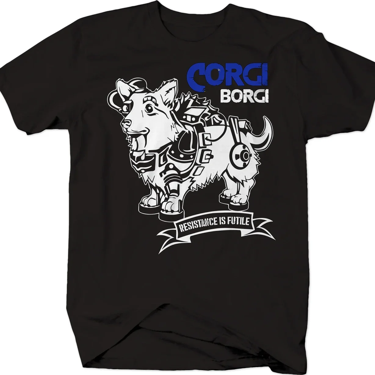 New 100% Cotton Short Sleeve O-Neck T-shirt Casual Mens Top Resistance Is Futile. Funny Corgi Borgi Bionic Dog T Shirt