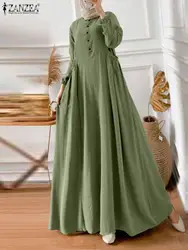 ZANZEA Elegant Long Sleeve Maxi Sundress Kaftan Fashion Muslim Turkey Dress Robe Femme Eid Mubarek Abaya Dubai Long Vestidos