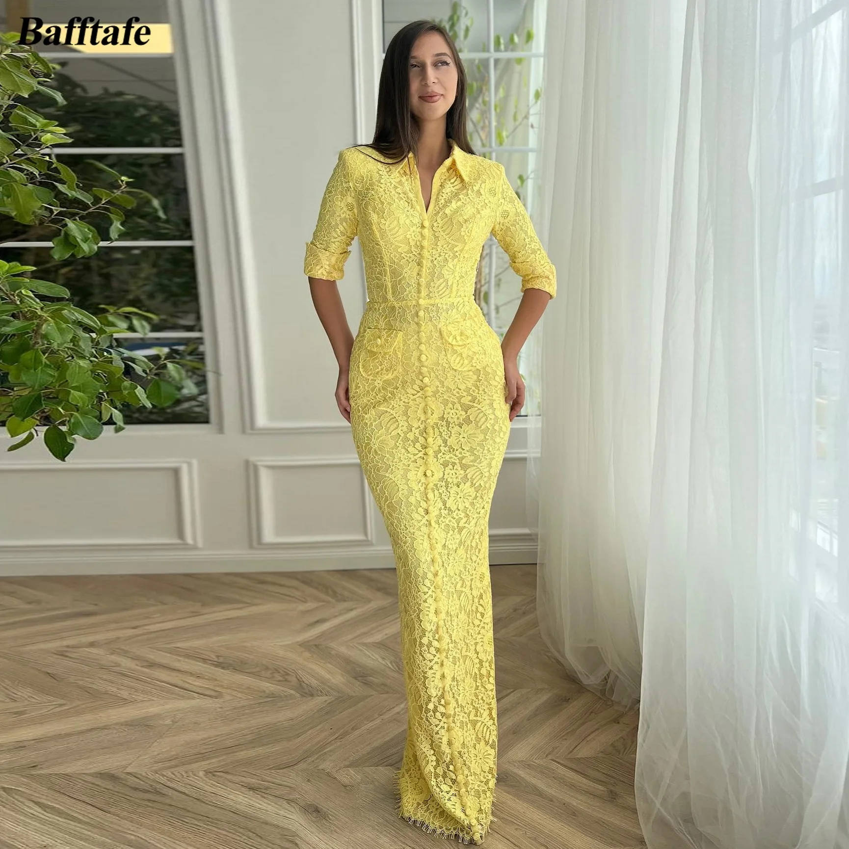 

Bafftafe Yellow Lace Mermaid Women Party Dresses Half Sleeves Buttons Prom Dress With Pockets Bodycon Formal Evening Gowns 2023