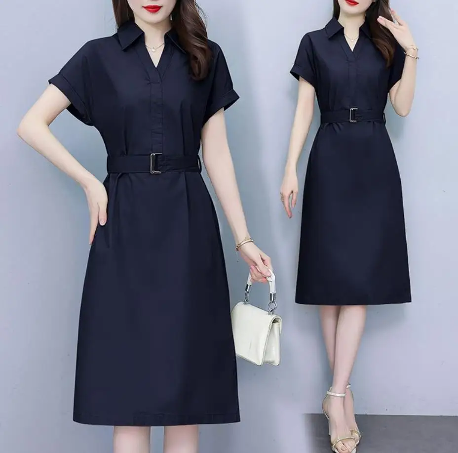 

Summer High-End Shirt Dress for Women with Elegant Temperament, Lapel and Waist Cinched Casual Short Sleeved Commuting Dress