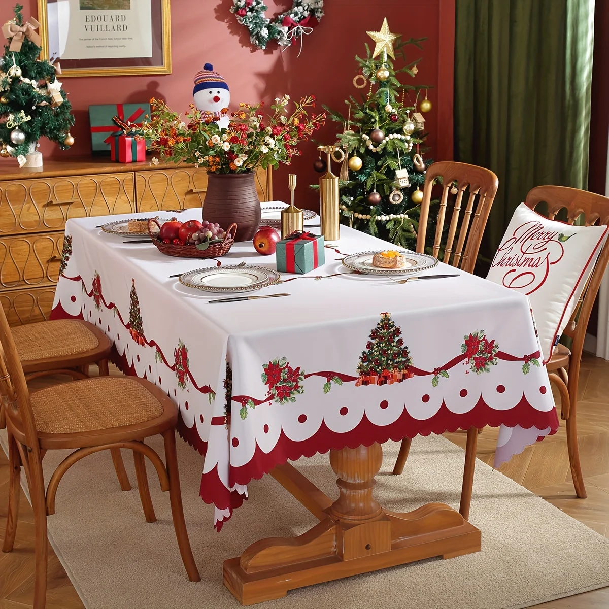 1 Christmas tablecloth with red Christmas garlands and a Christmas tree in a rectangular shape for household usezyc