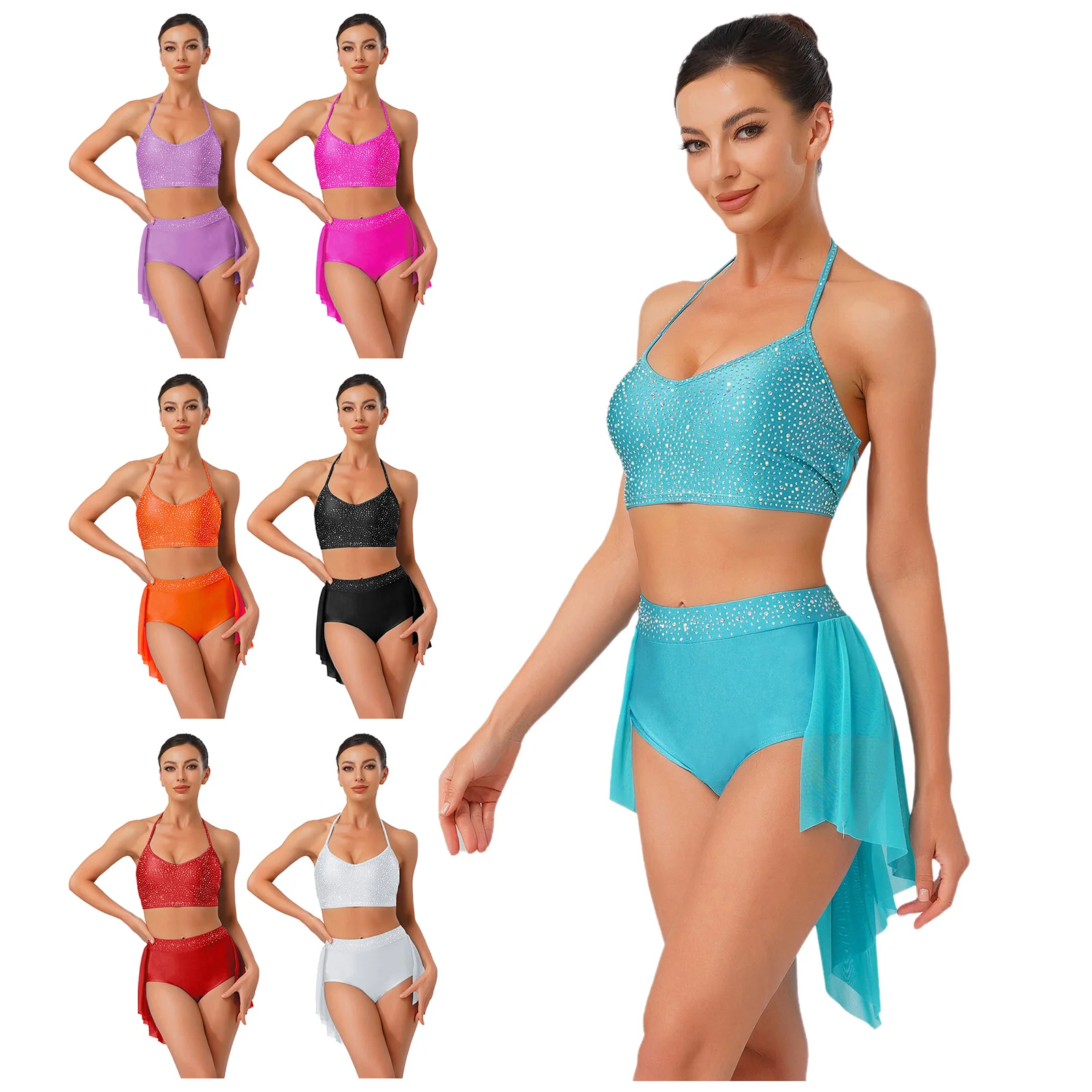 Lyrisches Jazz-Latin-Tanz-Outfit für Damen, glitzerndes Strass-V-Ausschnitt, rückenfreies Leibchen-Top + Shorts mit unregelmäßigem Mesh-Saum, 2-teiliges Set