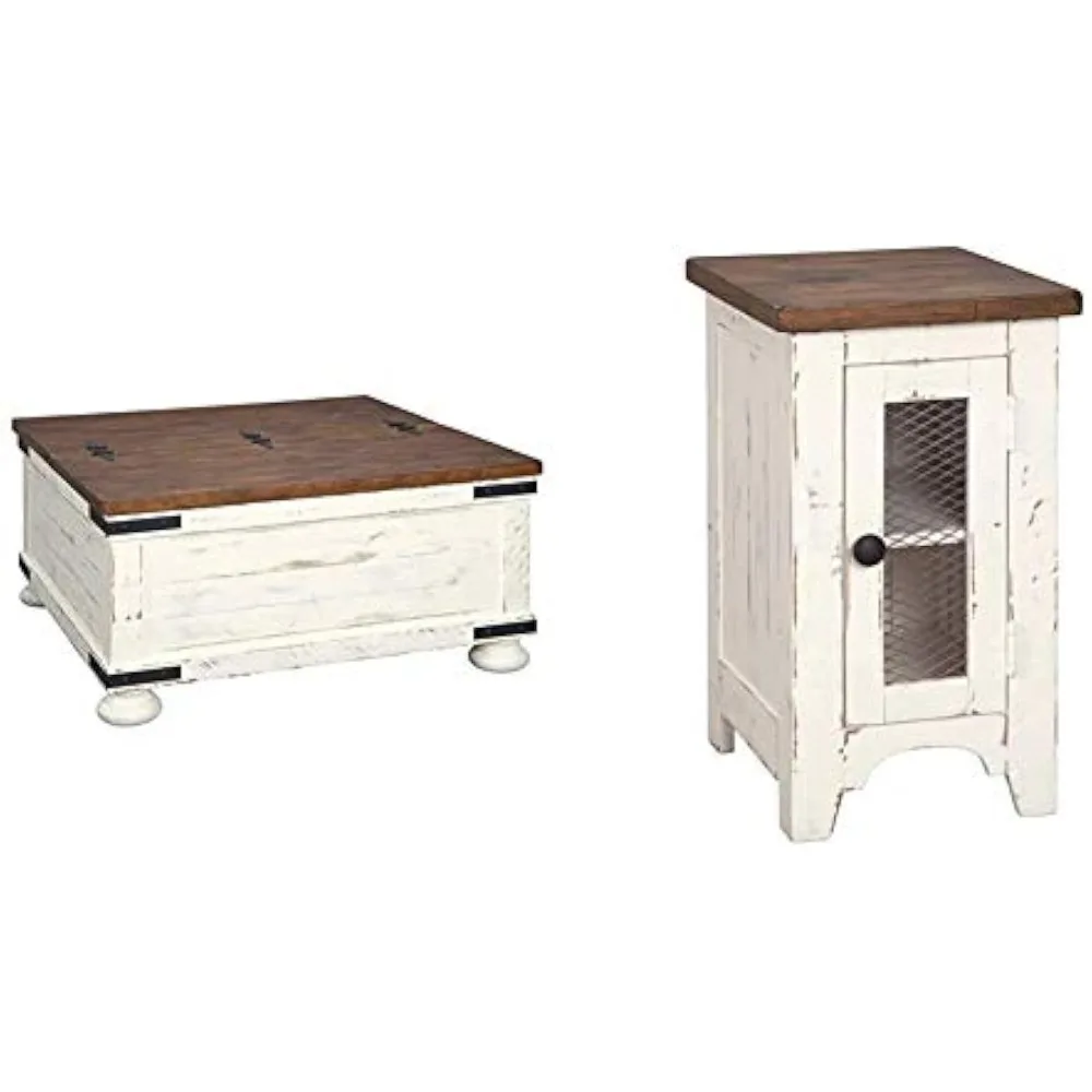 

Квадратный журнальный столик для хранения вещей Wystfield Farmhouse с откидной подъемной столешницей, потертый белый и приставной столик для стула со шкафом