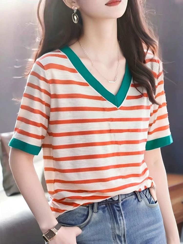 

Ele V-Ne Pure Cotton T-irt Striped ort Sve Summer Faionable Versatile Women's Top Comfortable Breathable Casua...