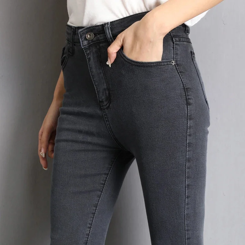 

for Jeans Women Mom Blue Gray Black Woman High Elastic Stretch Female Washed Denim Skinny Pencil Pants Size 36 38 40